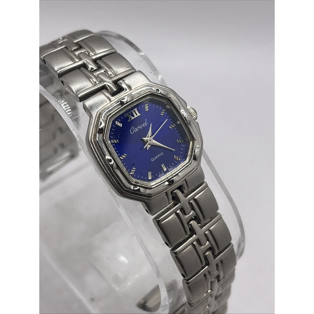 Carvel Women's Quartz Watch Blue Dial Silver 7.5" Band- New Battery